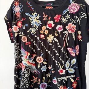 Johnny Was Black Top with Multicolor Floral Embroidery